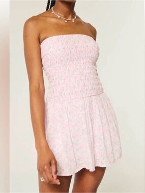Hollister Pink Floral Strapless Ruffle Skort Dress! Small NWT!